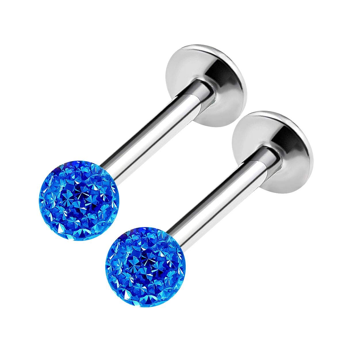 KJM FASHION 2PCS Surgical Steel Labret Lip Rings 16 gauge 5/16 8mm 3mm Sapphire Crystal Ball Lobe Earring Auricle Piercing Jewellery 2115