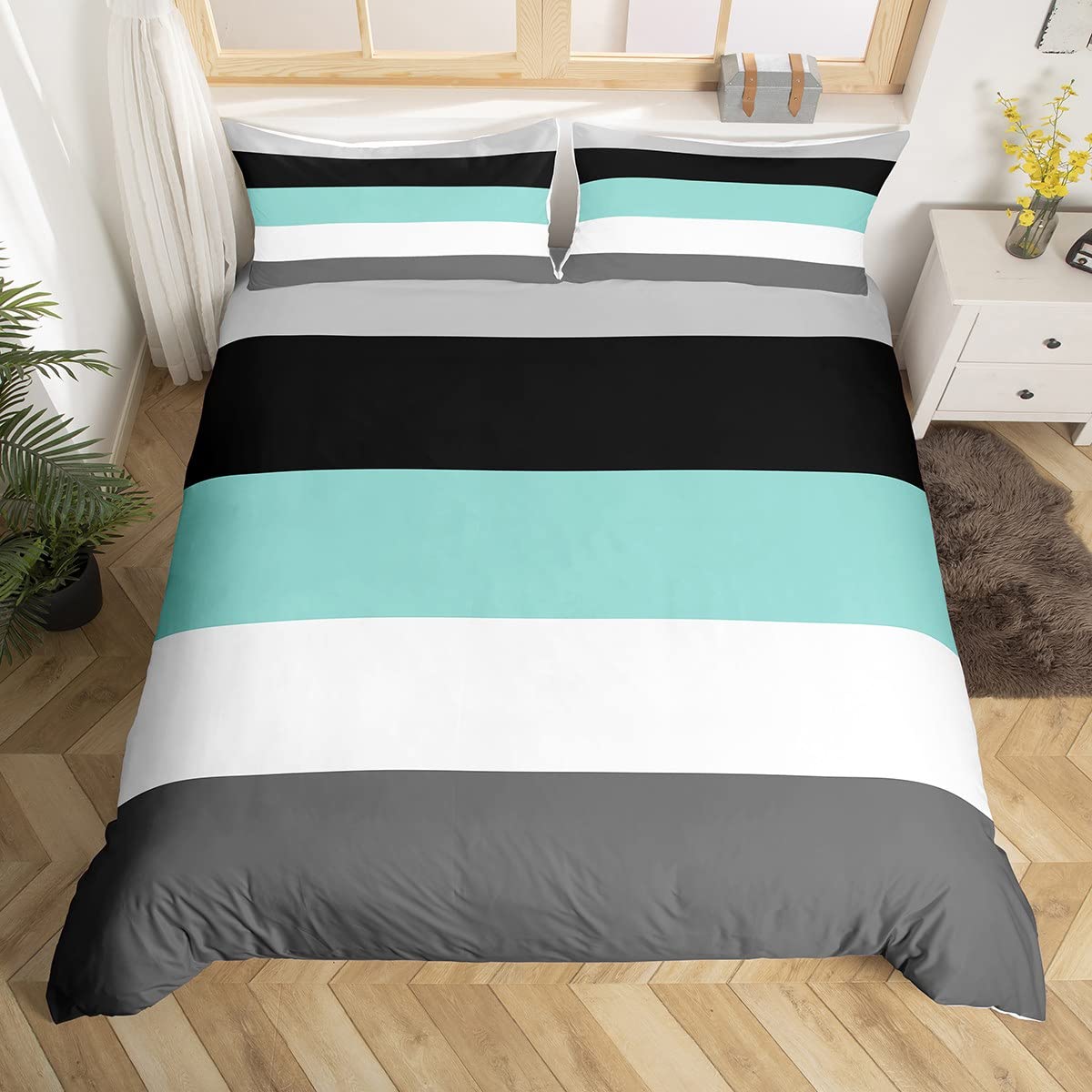 Homewish Geometric Striped Duvet Cover Set with 2 Pillowcases - Double Size, 100% Soft & Breathable Polyester, Zip Closure - Teal Black Gray Bedding - Modern Simple Pattern with Black Reverse โ image 1