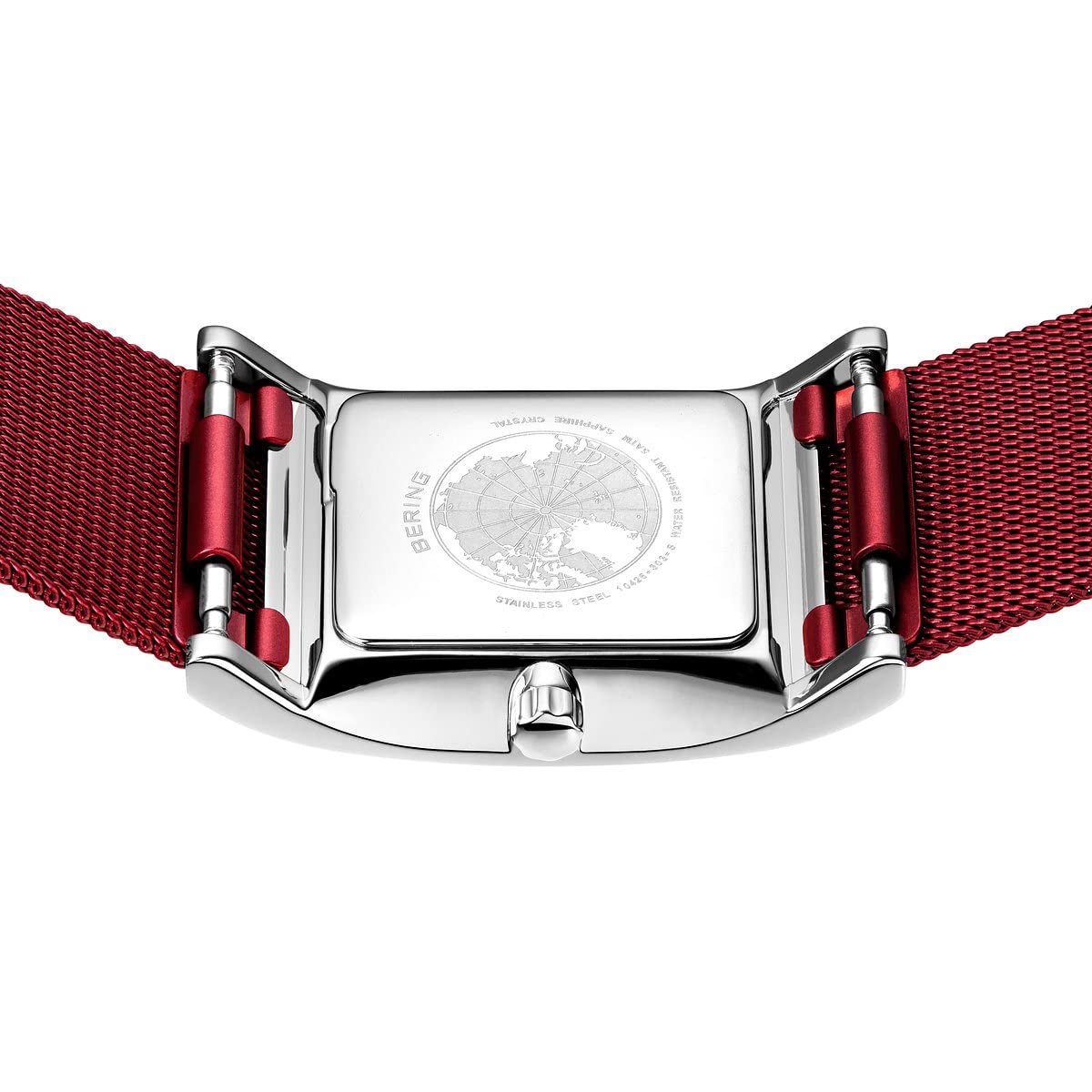BERING Damen Quarz Uhr | Armbanduhr 26 mm silbernes Edelstahlgehäuse und rotes Zifferblatt | Milanaisearmband | Saphierglas | 5 ATM | 10426-303-S