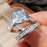 Metmejiao Simulated Diamond Ring Set 2 PCS Platinum Plated Square Zirconia Cushion Halo Engagement Wedding Ring Set for Women 7