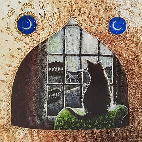 Moon Rise by Hannah Willow - UK made Art Greetings Card - Black Cat sat by the Window - Animals - Birthday Card