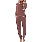 Ekouaer Womens Pajamas Set Waffle Knit Long Sleeve Lounge Set 2 Piece Pj Loungewear Sleepwear S-XXL