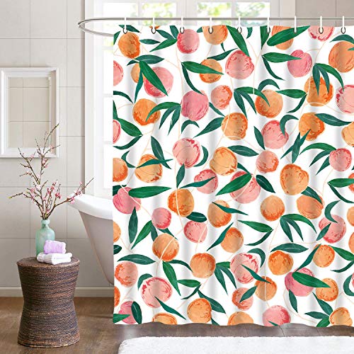 Lifeel Peach Shower Curtains, Allover Fruits Shower Curtain Cute Bright Colorful Design Waterproof Fabric Bathroom Shower Curtain Set with 12 Hooks, Peachy Pink 72"×72"