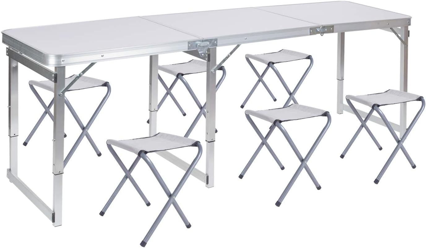 FrenzyBird Folding Picnic Table with 4 Stools, Aluminum Table Oxford Mat Chair Set for up to 4 Persons, Portable Lightweight and Heights Adjustable for Outdoor Camping Dining BBQ Party : Garden & Outdoor