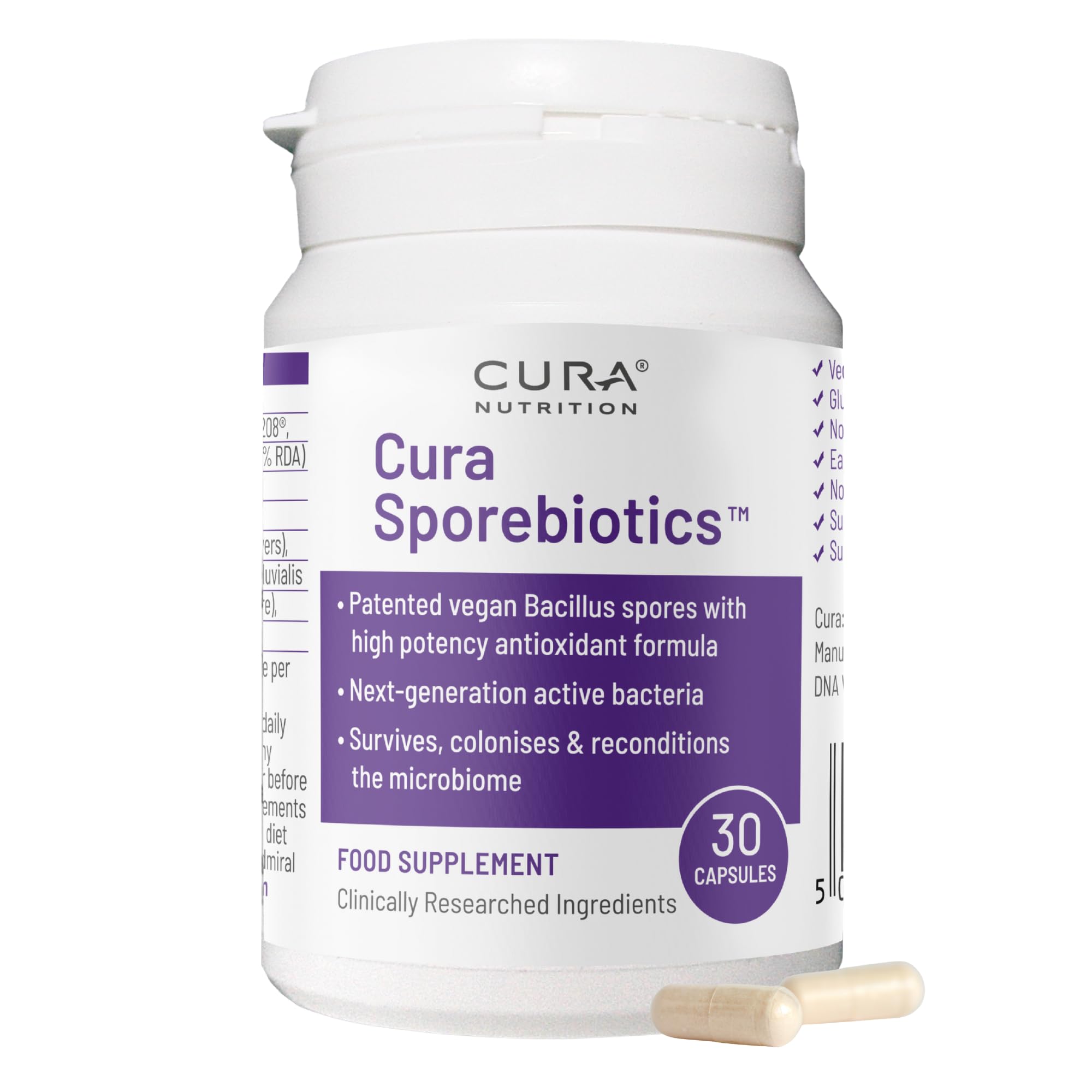 CURA NUTRITION SPOREBIOTICS – Spore Based Probiotic with Antioxidants, Active Bacteria Daily Supplement to Boost Akkermansia, 3 Bacillus Spores for Gut Health Support, Vegan Probiotics (30 Capsules)