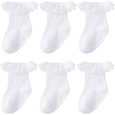 Witwot 6 Pairs Toddler Ruffle Socks Baby Girl Non Slip Socks White Sock with Grip Size 6M-5T