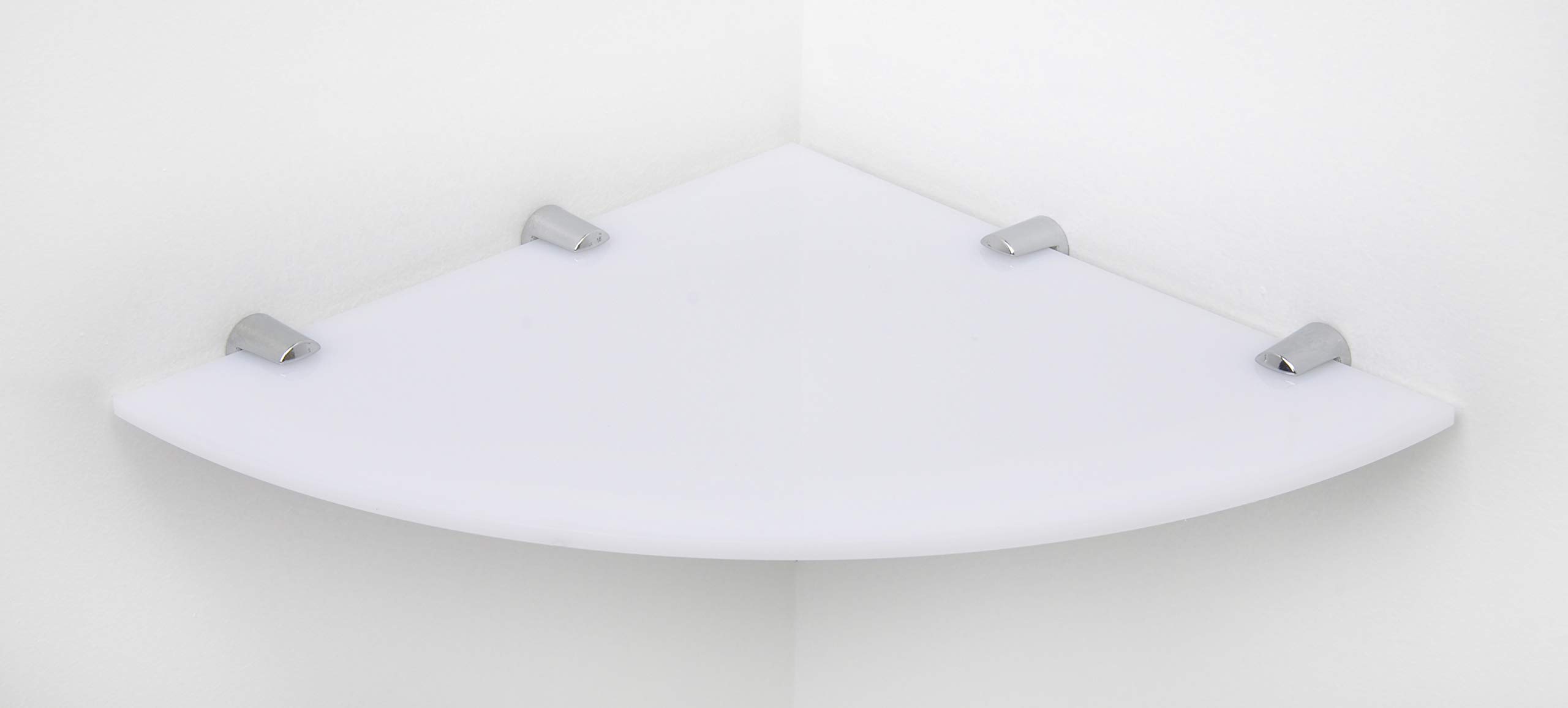 BSM Marketing Wall Mounted Floating Acrylic Corner Shelf with Chrome Supports available in Clear, Black and White (White, 300mm x 300mm)