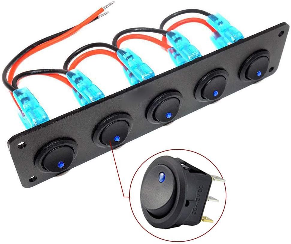 VonSom 12V Rocker Switch Panel Circuit Breaker Waterproof 5 Gang 3 Pin On/Off Toggle LED Switches for RV Marine Car Vehicle Trailer Truck SUV Boat RV Ship DC 12V/24V 20A: Automotive