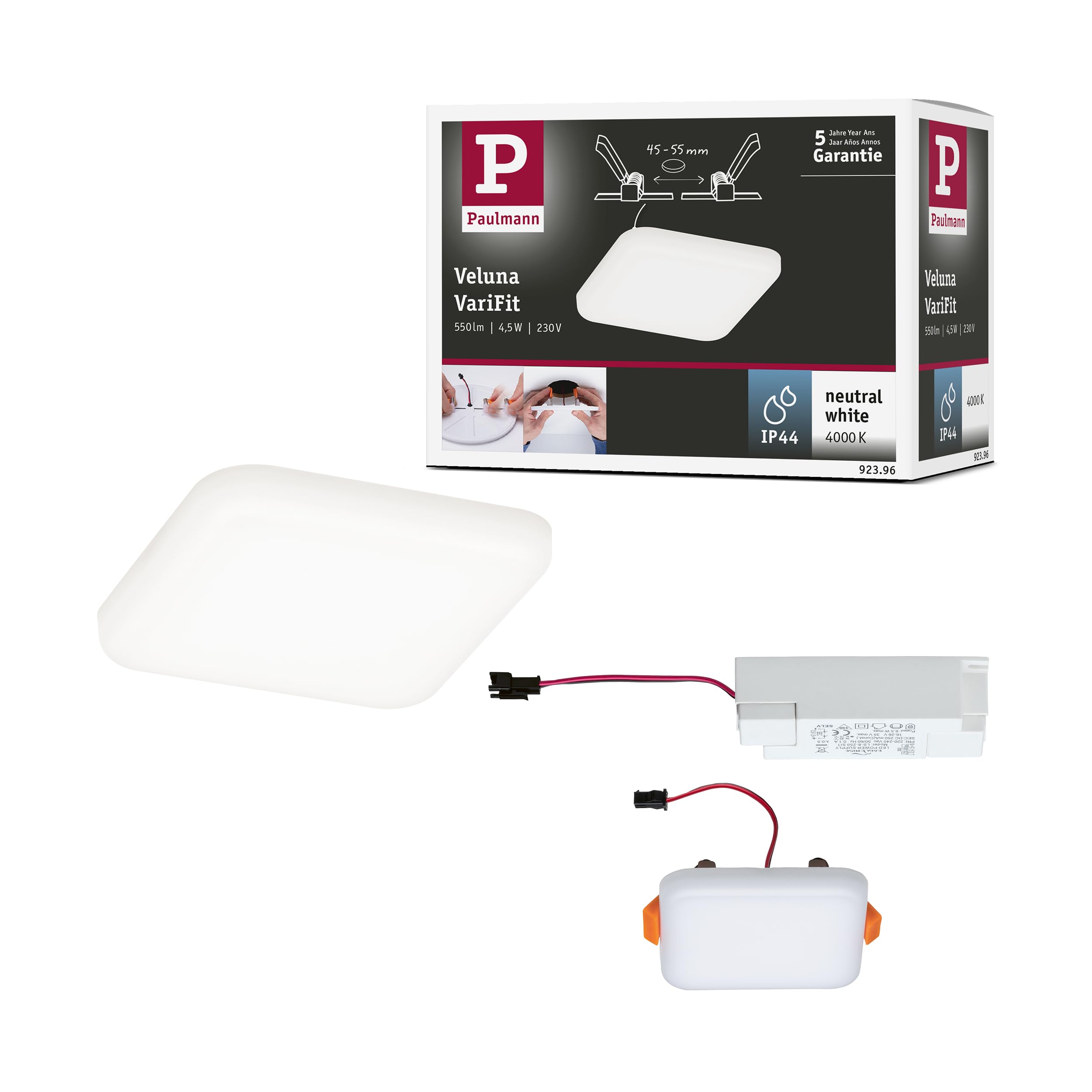 Paulmann 92396 LED Panel recessed luminaire Veluna VariFit IP44 Neutral White 75x75mm Rectangular incl. 1x4.5 watt Ceiling luminaire Satin Ceiling lamp Plastic Living Room lamp 4000 K