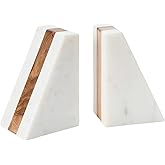 Main + Mesa Marble Geometric Bookends with Wood Inlay, White