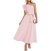 ZESICA Womens 2026 Summer One Shoulder Ruffle Maxi Dress Boho Sleeveless Empire Waist Tie Flowy Beach Party Long Dresses
