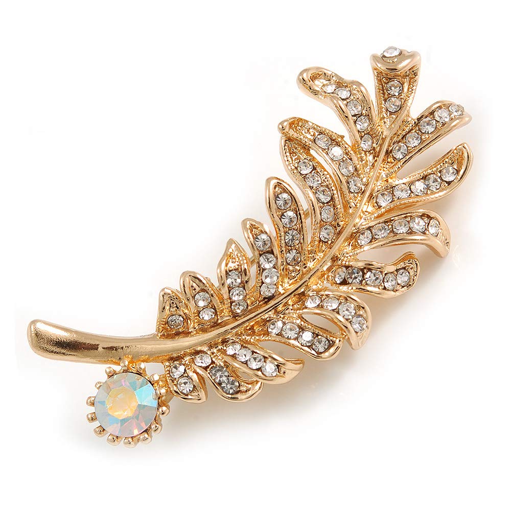 Clear/AB Crystal Feather Brooch In Gold Tone - 45mm Long