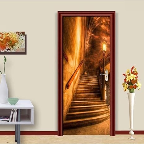 Amazon 3dドアステッカーpvc粘着ドアステッカー黄金の廊下階段写真壁紙壁画リビングルームのドアの家の装飾papel De Parede 770cm ウォールステッカー オンライン通販