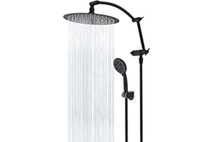 Hibbent 10 Inch Metal Rainfall Shower Head with Handheld Showerhead Combo, 7 Spray Settings, 71 Inch Metal Stainless Steel Shower Hose, 16 Inch Shower Head Extension Arm, Matte Black
