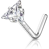 COCHARM 14K White Gold Plated 925 Sterling Silver Nose Studs 20g Simulated Diamond CZ Nose Ring Stud Hypoallergenic Nose Piercings Jewelry L Shaped Nostril Stud for Women