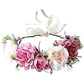 Vivivalue Wedding Floral Crown Flower Garland Headband Hair Wreath Floral Headpiece Halo Boho with Ribbon Party Prom Festival Photos