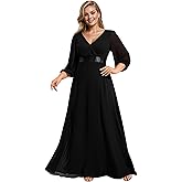 Ever-Pretty Plus Women's V Neck 3/4 Sleeves A Line Chiffon Pleated Plus Size Evening Gowns Floor Length Formal Dresses
