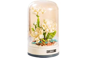 MEIEST Building Blocks Flowers Bouquet Set with Music Box and Dust-Proof Dome,Simulation Artificial Particle Flower Collection Construction Building Bricks Toy,Home Decor (White Jasmine)