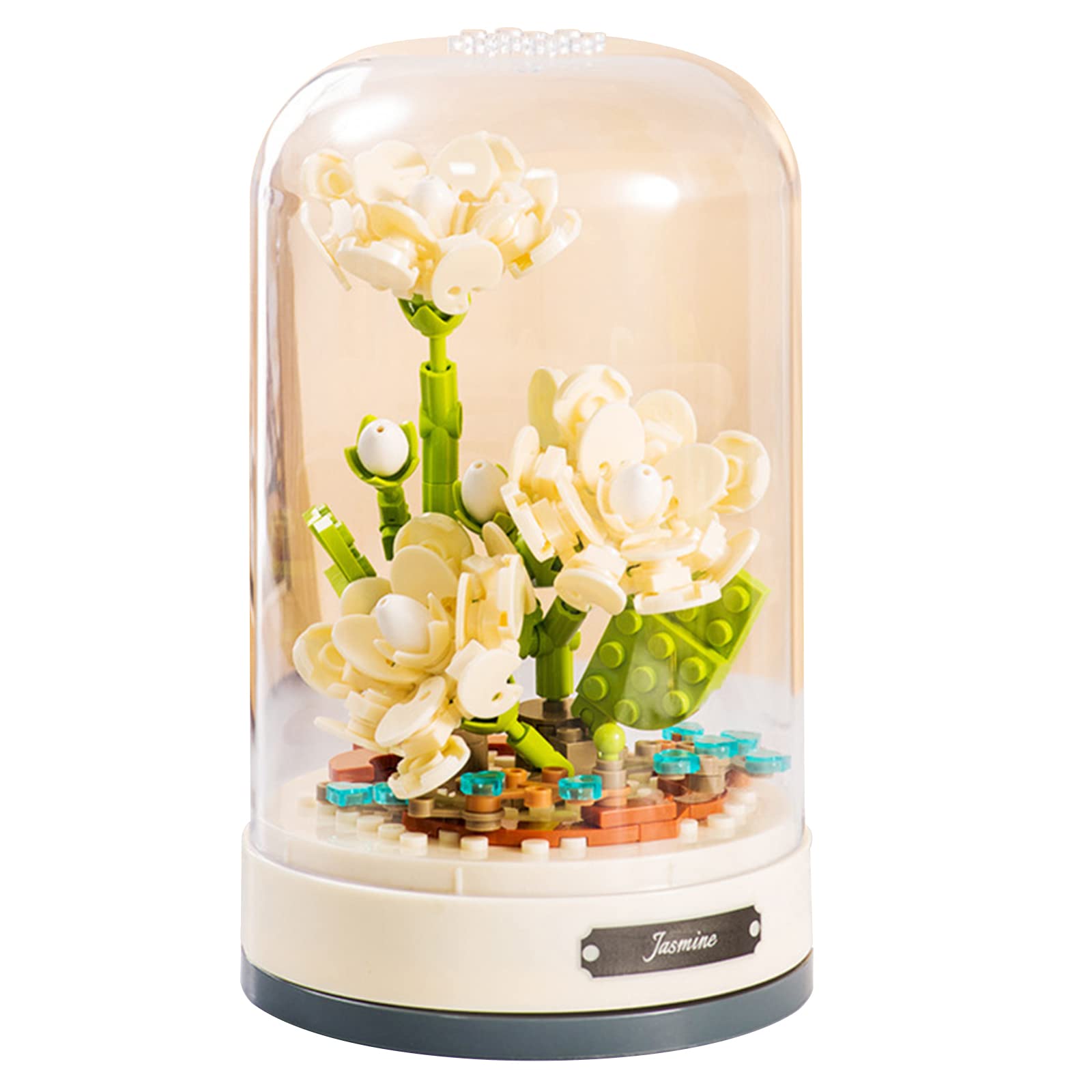 MEIEST Building Blocks Flowers Bouquet Set with Music Box and Dust-Proof Dome,Artificial Particle Flower Collection Construction Building Bricks Toy,Home Decor (White jasmine)
