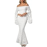 HOYISHION Women's Off The Shoulder Floral Lace Maxi Dress White Bridesmaid Wedding Party Maternity Photoshoot Long Dresses