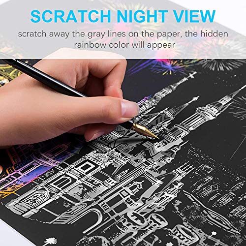 XiaoXT Scratch Art Paper Rainbow Painting Sketch Pad DIY Night View Scratchboard for Adults and Kids - 2 Packs, 16 X 11.2 Inches (Mount Fuji+Taj Mahal)