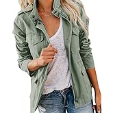 Soulomelody Women Military Anorak Jackets Zip Up Snap Buttons Parka Safari Utility Coats Outwear with Pocket