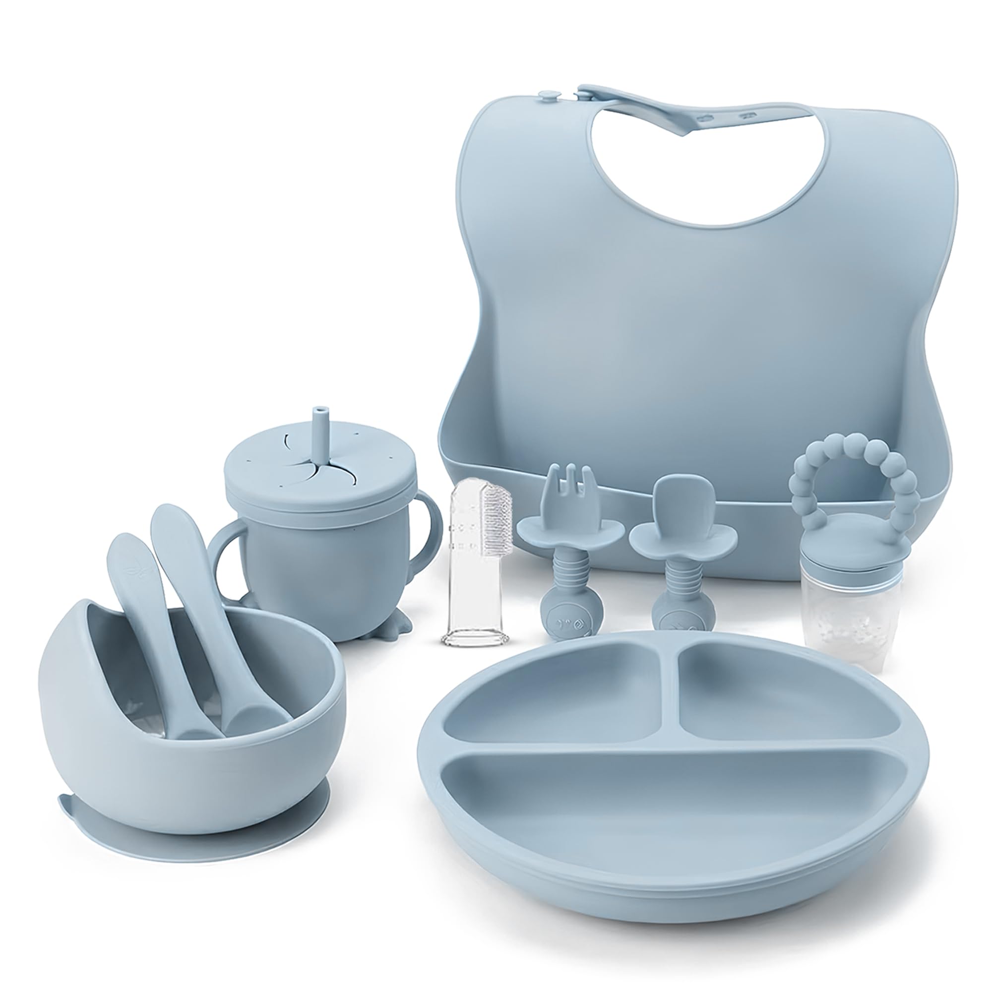 Indique Baby Weaning Set - 11 Pcs Silicone Baby Feeding Set with Suction Plate, Weaning Kit with Adjustable Bib, Fork, Spoon, Fruit Feeder & Toothbrush – Ideal Weaning Set Baby Gift (Blue)