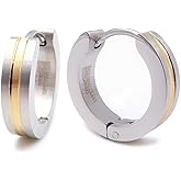 Steelmeup Stainless Steel Stripe Men Hoop Earrings 2-tone Gold-tone Black Silver-tone 16mm