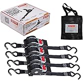 Mytee Products 4 Auto Retract NO-RATCHETING Ratchet Straps | 1" x 12' Retractable Ratchet Straps with Coated S Hook Tiedowns for Motorcycles, ATVs, Bikes: Tight & Secure Pickup Trailer Tie-Down
