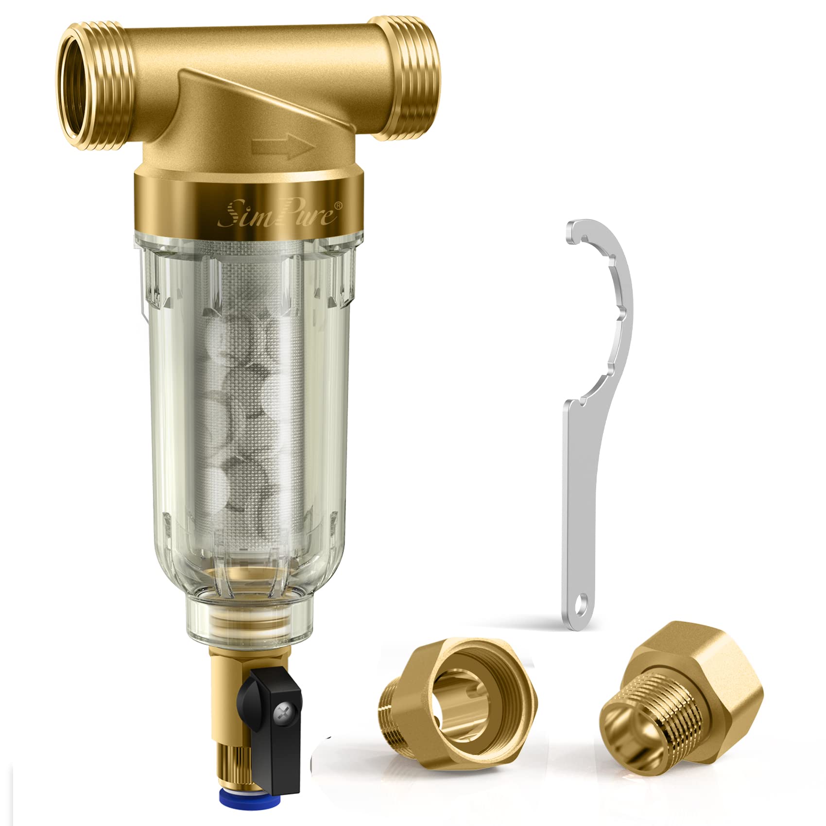 SimPure DC5S 40 Micron Spin Down Sediment Filter, Reusable Whole House Sediment Water Filter Softener with Siliphos Helps Prevent Scale and Corrosion, 1