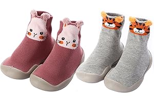 FABRST 2 Pairs Baby Sock Shoes Toddler Infant Non Slip Soft Rubber Sole Slippers First Walking Shoes for Baby Boys Girls