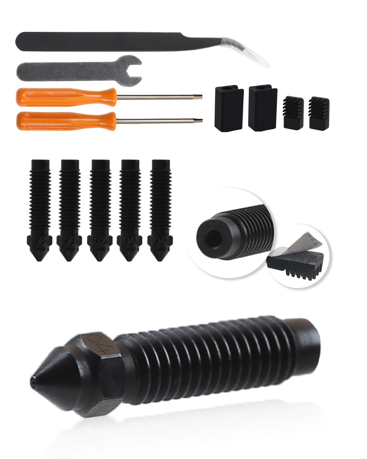Photo 1 of Manolindox 5Pack 0.2/0.8/0.6/0.4mm Hardened Steel Nozzles for Centauri Carbon, Support Hard Consumables and High-Temperature Consumables, with Silicone Socks Nozzle Brush and Kit Tools