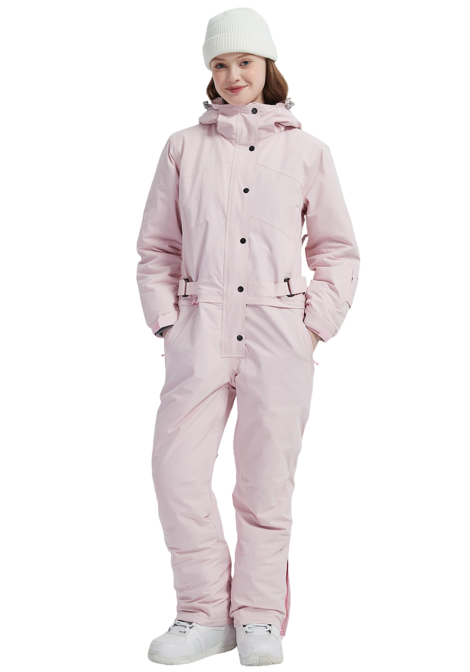 Photo 1 of SNBOCON Womens One Piece Ski Suit Colorful Jumpsuits Snowboard Snowsuits Winter Outdoor Waterproof Hooded Jackets for Snow Sports (3XL,Light Pink)