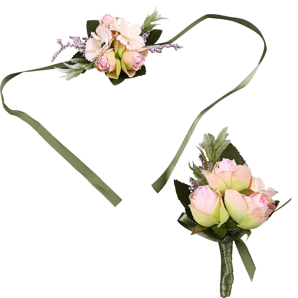 CRASPIRE 2PCS Rose Wrist Corsage Boutonniere Set Pink Artificial Bridal Wrist Flower, Wedding Bride Bridegroom Bridesmaid Wristband Silk Bracelets Flowers Decor for Wedding Prom Party