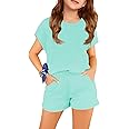Haloumoning Girls Summer Outfits Casual Lounge Set Cap Sleeve T Shirt and Elastic Waist Shorts 2 Piece Clothing Sets
