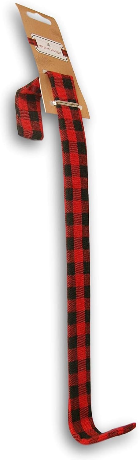 Wreath Hangers - Buffalo Plaid Christmas Wreath Over-The-Door Fabric Covered Hanging Hook - 12 Inches Long (Red & Black Check)