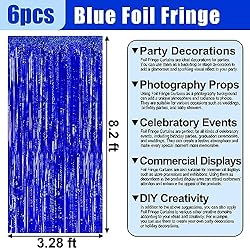 6 Pack Blue Foil Fringe Curtain Backdrop, 3.28Ft x