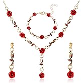 QLYOVWE 3Pcs Red Rose Jewelry Set for Women 14K Gold Plated Flower Pendant Necklace Crystal Dangle Earrings Vintage Valentine's Day Wedding Party Jewelry Gift