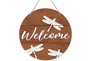 Muktoujaumai Welcome Sign Front Door Decor, Welcome Round Hanging Sign Decor Rustic Decorations Dragonfly Wall Wood Sign for Door, Porch, Home, Housewarming Gift for New House Friend Family