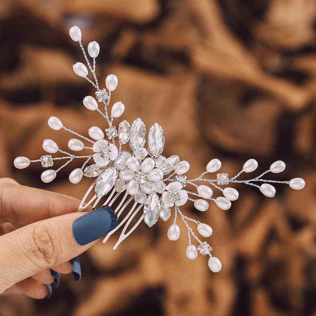 IYOU Princess Silver Flower Pearl Hair Comb Bridal Wedding Headpiece Accessories for Girls and Women