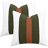 Vfuty Decorative Cotton Throw Pillow Covers 18x18 Farmhouse Cushion Case Modern Leather Accent Couch Pillowcase for Sofa Couch Bedroom Living Room, Olive Green and White (Pack of 2, Cover ONLY)