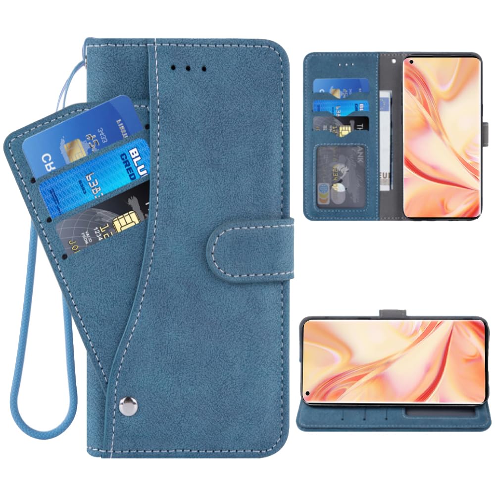 ELISORLI Phone Cover for OPPO Find X2 Pro Wallet Case Wrist Strap Slot Mobile Magnetic Leather Credit Card Holder Protective Folio Purse Stand Cell Accessories CPH2025 Girls Women Men Blue