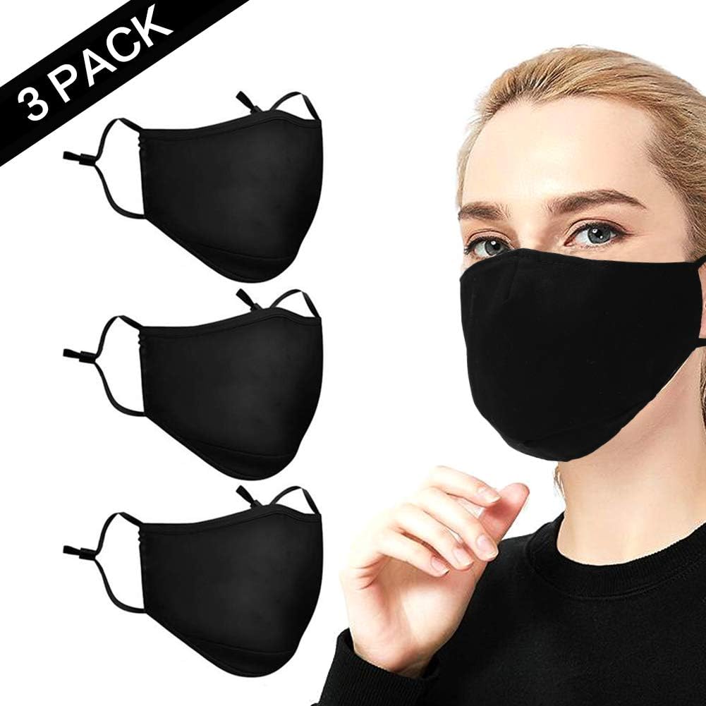 3 Pack Men Women Mouth Mask Face Mask Adjustable Anti Dust Face Mouth Mask Black Cotton for Cycling Camping Travel