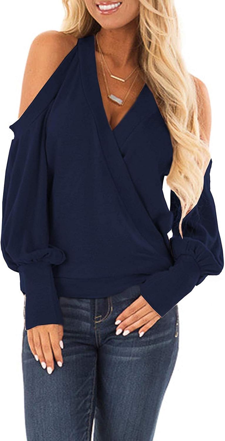 NETANT Women's Cold Shoulder Tops Long Sleeve Deep VNeck Wrap Front
