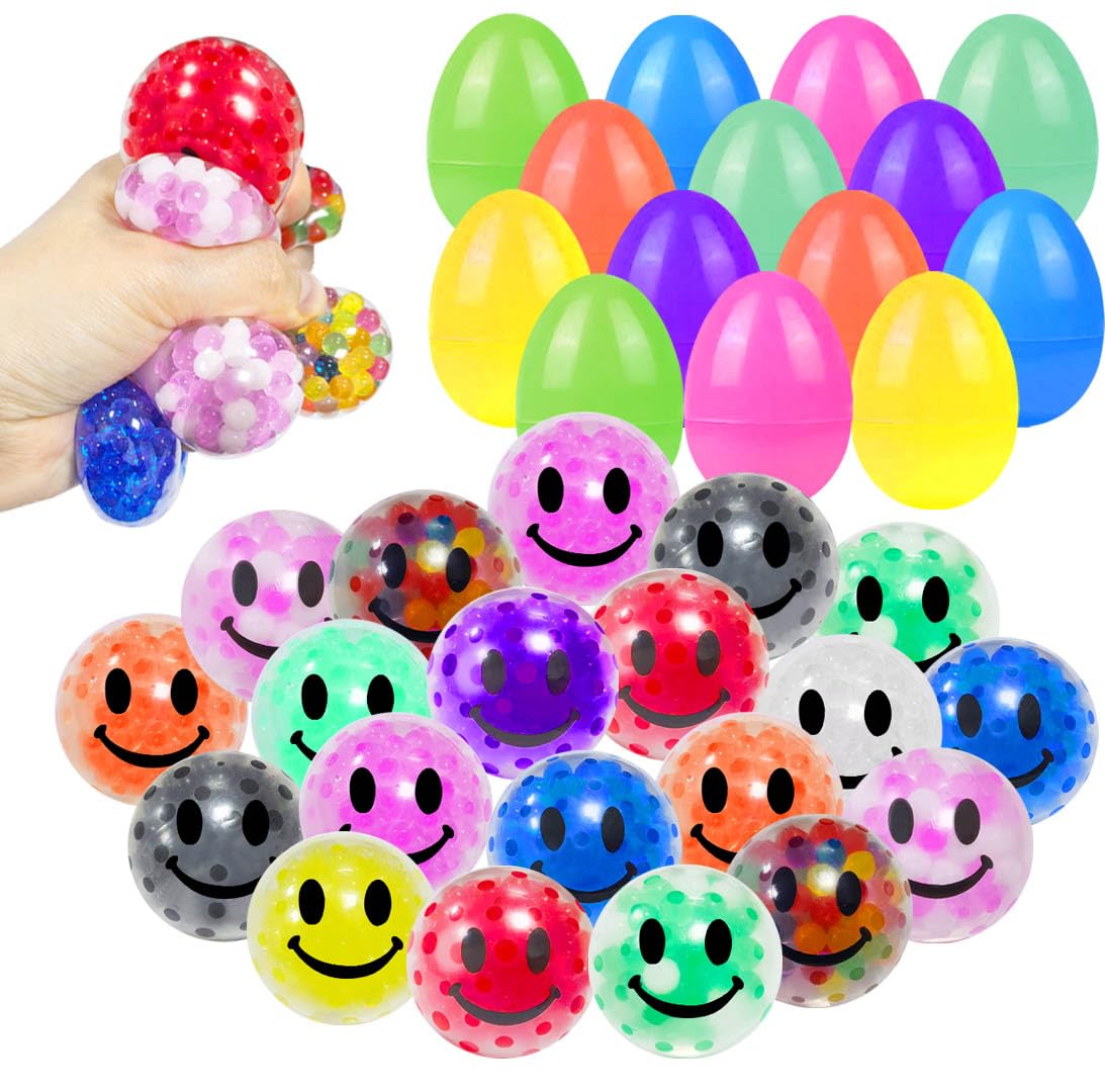 24 Pcs Easter Eggs with Colorful Stress Balls Squishy Balls Fidget Toys Squeeze Balls Bulk for Easter Basket Stuffers Party Favors Easter Egg Fillers