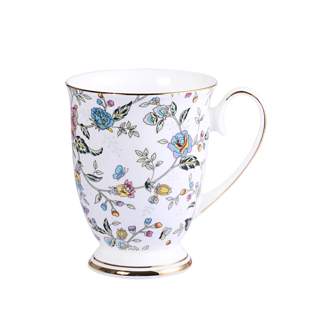 AWHOME Royal Bone China Coffee Mug Assorted Colors Tea Cup 11 oz (1, Flowers)