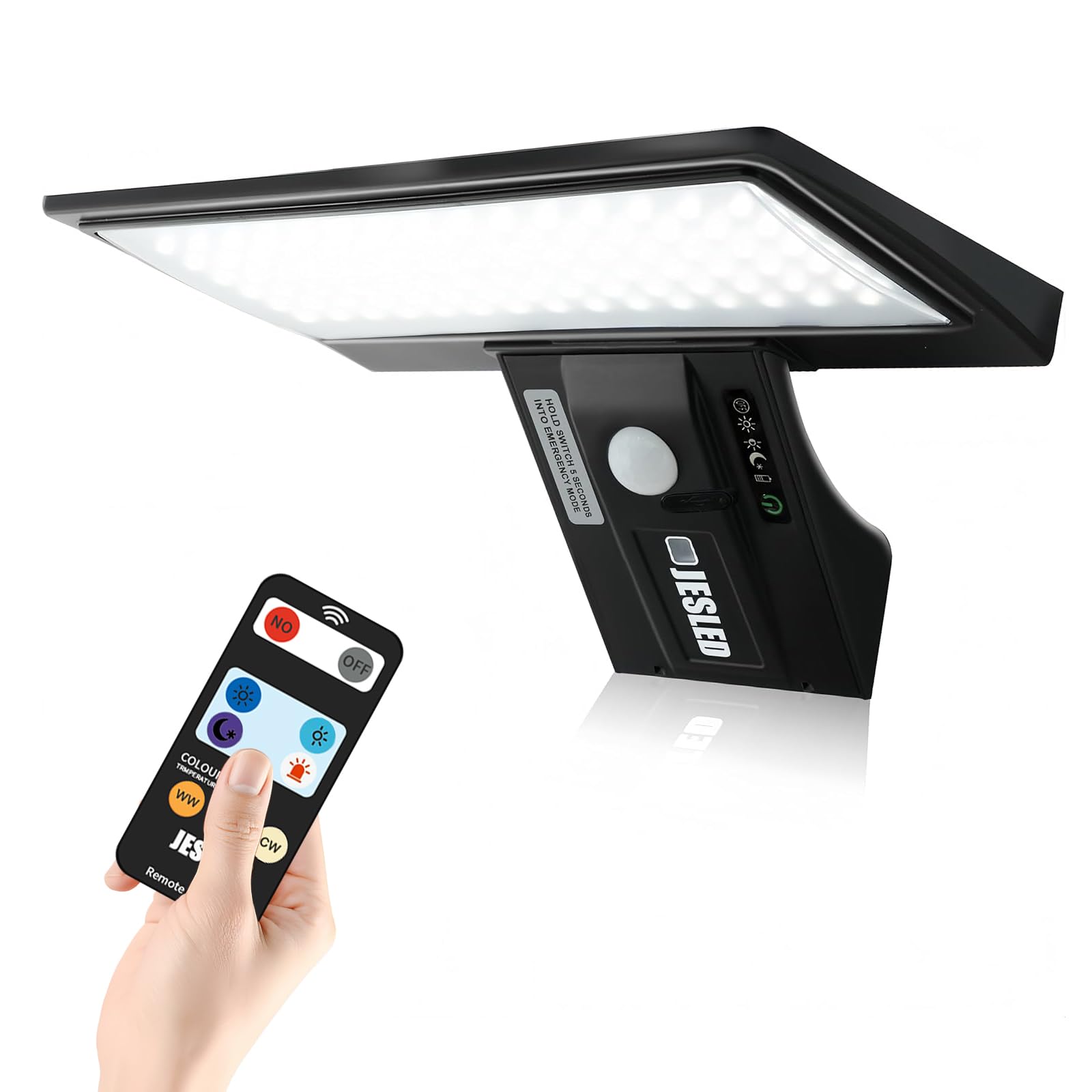 JESLED Solar Lights Outdoor, 90 LEDs Security Light with Motion Sensor, 3 Color Temperatures, USB Charging, 4 Modes, Remote Control for Yard Garden Garage