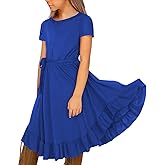 KYMIDY Girls Short Sleeve Swing Dress Kids Ruffle Loose Casual Twirl Belted Dresses with Pockets for Girls 6-12 Years