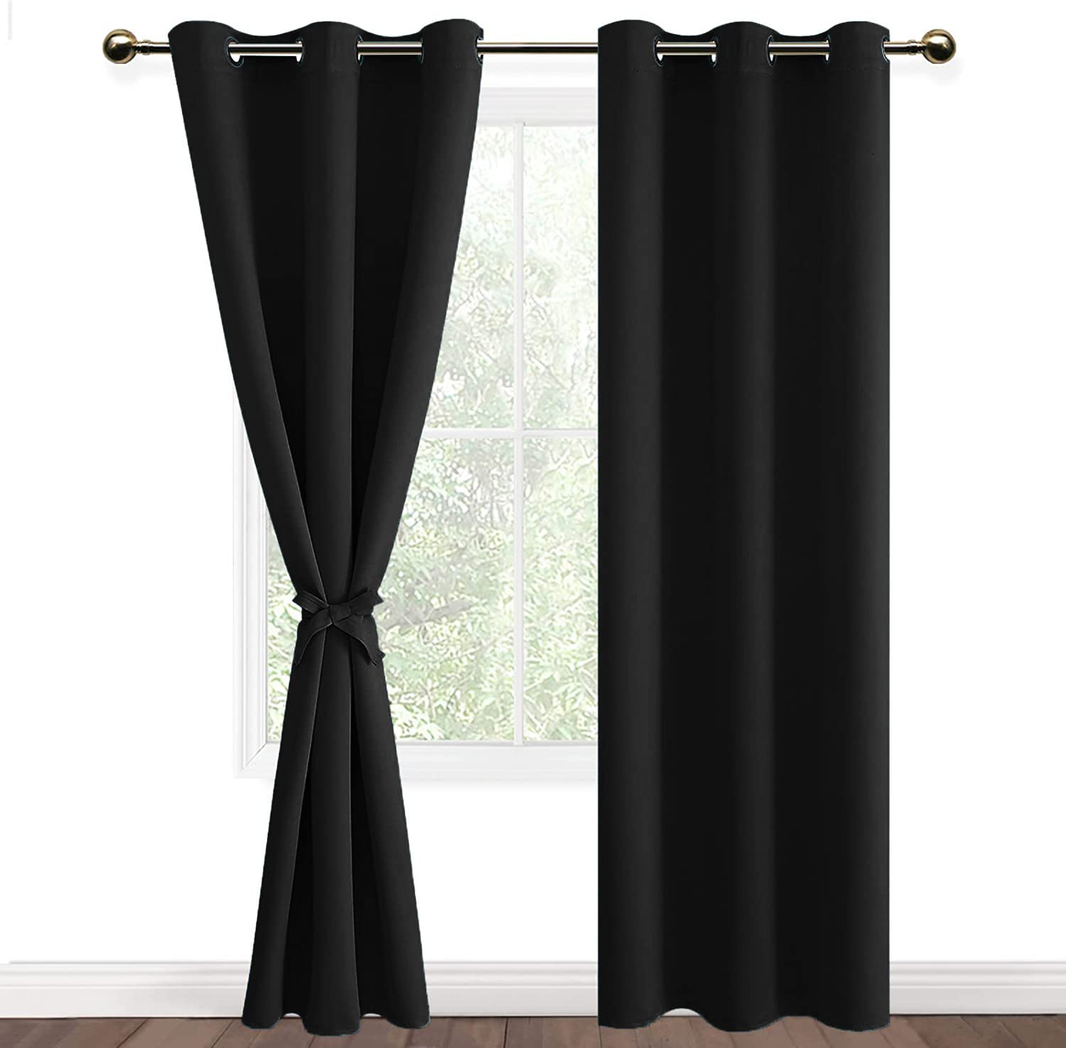 DWCN Black Blackout Curtains with Tiebacks for Bedroom Thermal Insulated Solid Eyelet Curtains for Living Room,2 Panels,46" Wide x 90" Drop