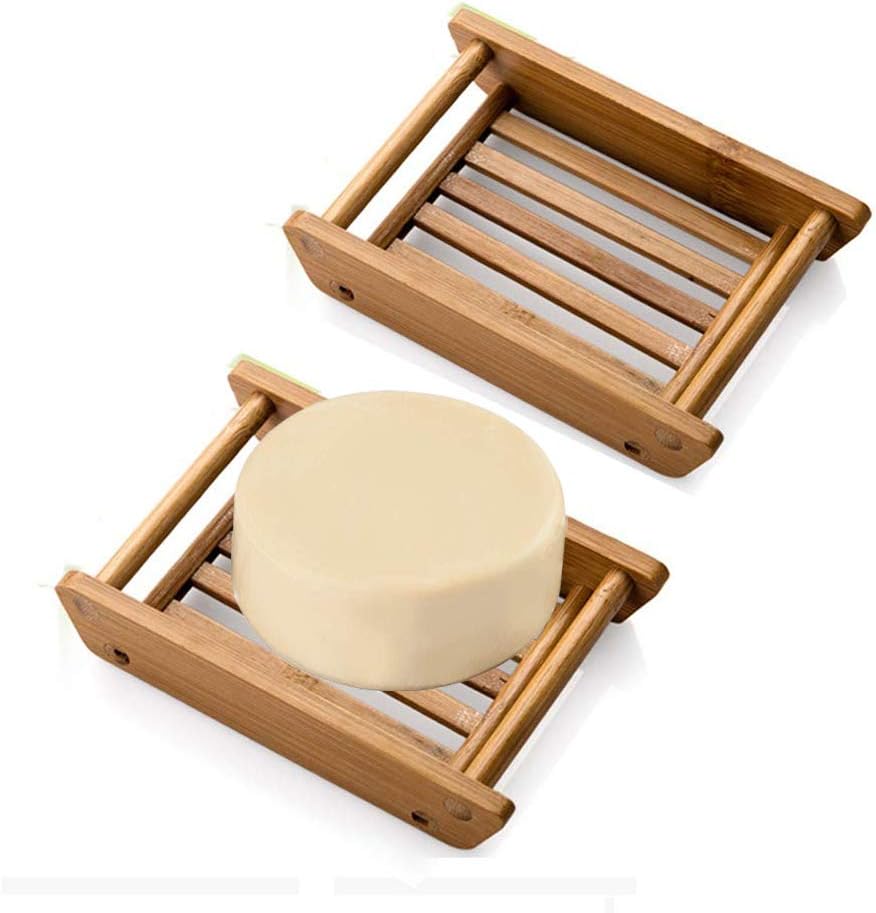 Kaxich 2 Pack Bamboo Wooden Soap Dish Shower Soap Storage Holder Saver Soap Tray Plate for Bathroom Shower Vanities Kitchen Sink
